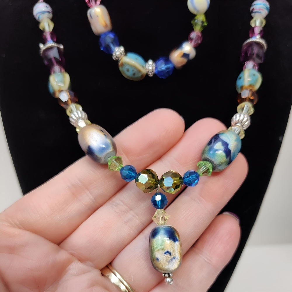 Vintage Sterling Silver Czech Murano Crystal Glass bead Necklace Bracelet Set - Picture 5 of 14
